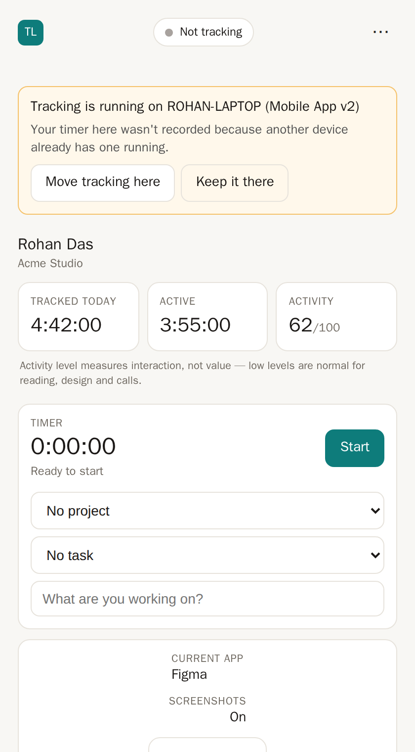 A banner: Tracking is running on ROHAN-LAPTOP (Mobile App v2), with Move tracking here and Keep it there