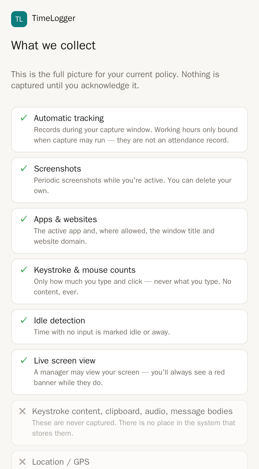 The agent's What we collect screen with collected and never-collected items and an I understand — start button