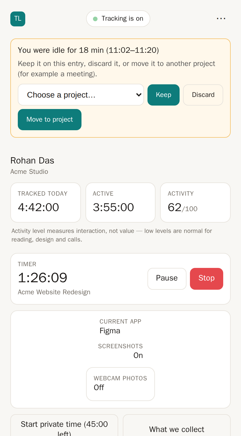 An idle prompt in the agent: You were idle for 18 min, with Keep, Discard and Move to project