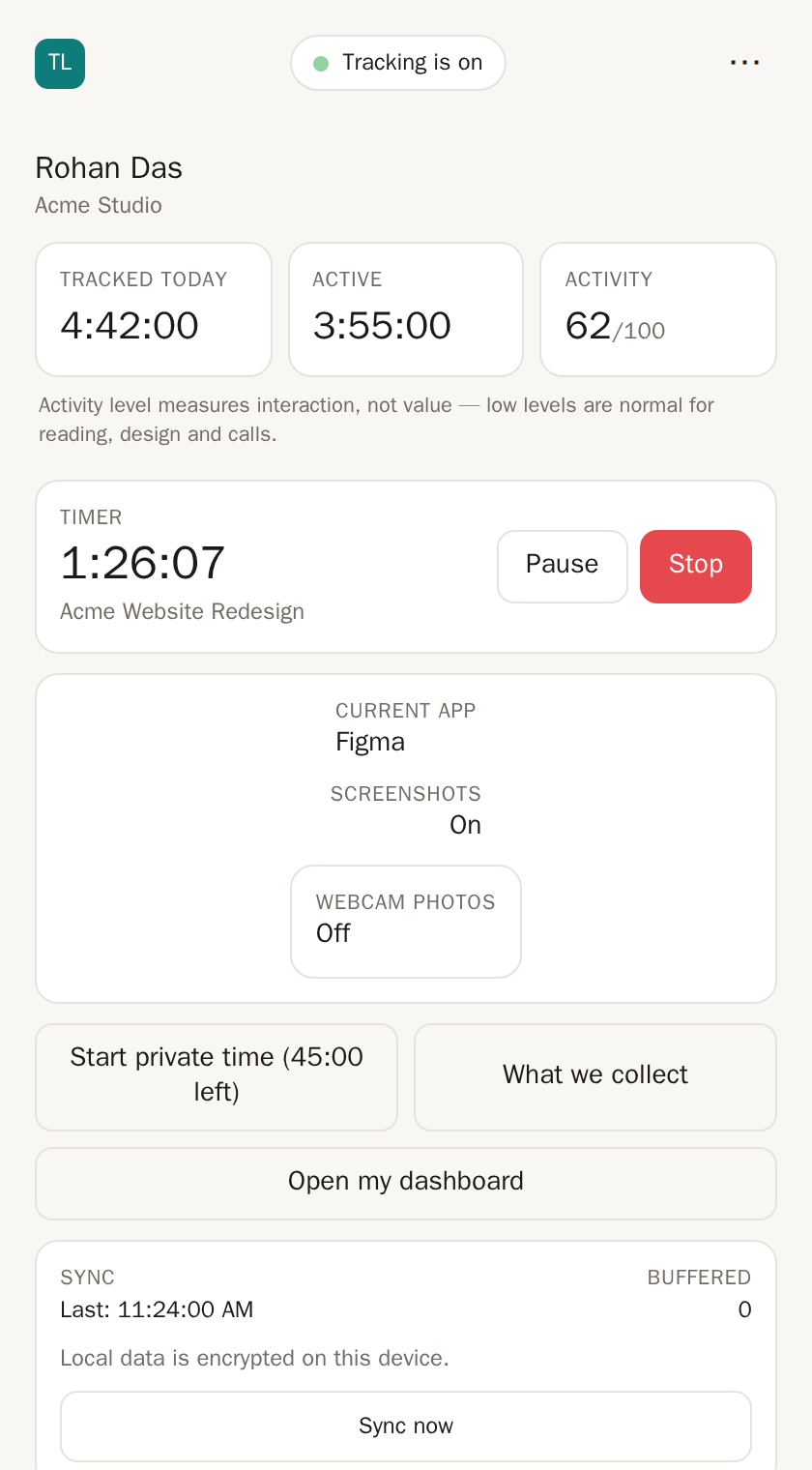 The agent window while tracking: tracked today, active time, activity level, a running timer on Acme Website Redesign, current app and screenshot status