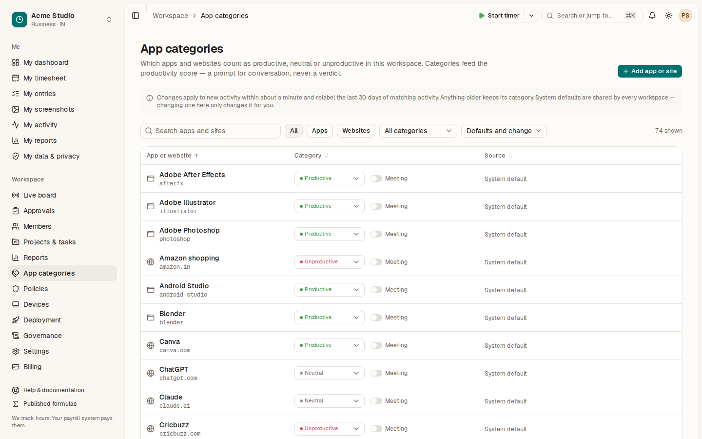 The App categories page listing apps and websites with a category menu, a Meeting switch and the source of each