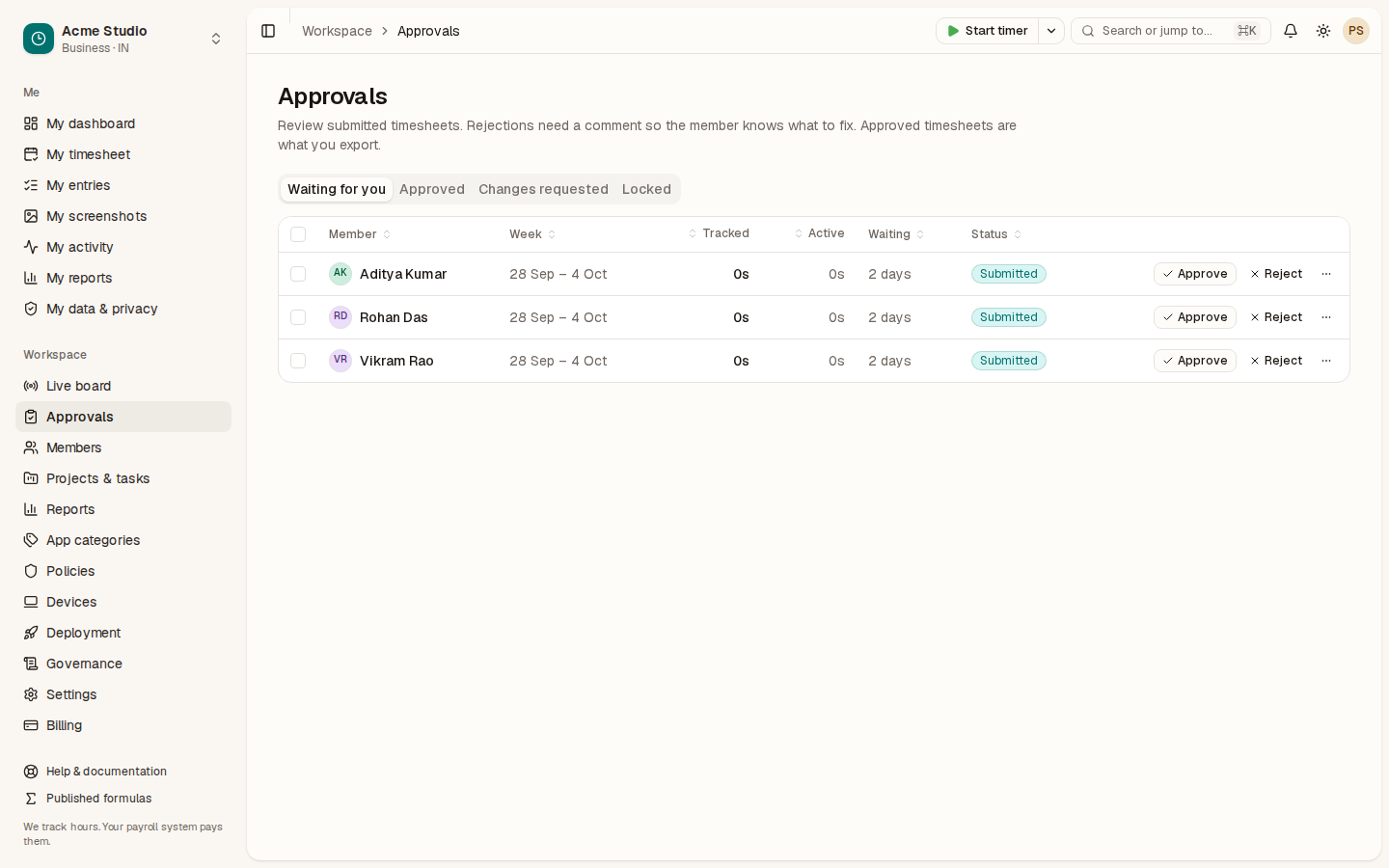 The Approvals page with three submitted timesheets, each with Approve and Reject buttons