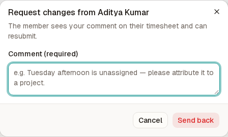 The Request changes dialog with a required comment box