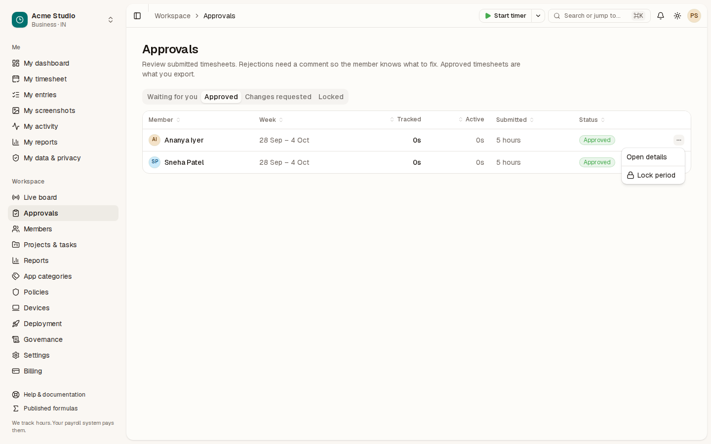 The row menu on an approved timesheet with Open details and Lock period