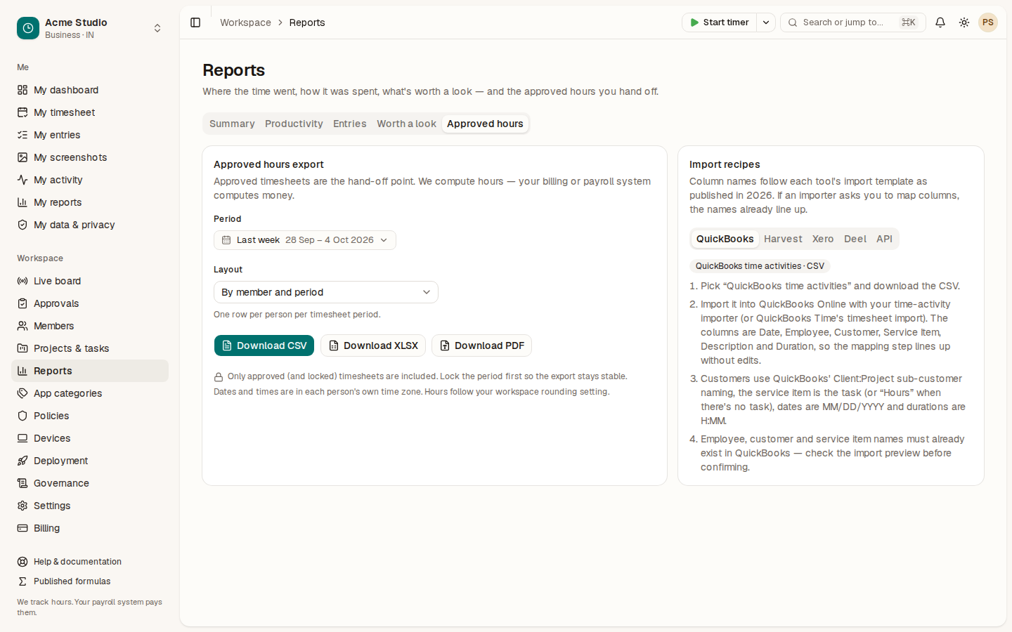 The Approved hours tab with period, layout and download buttons, and QuickBooks import recipe steps on the right