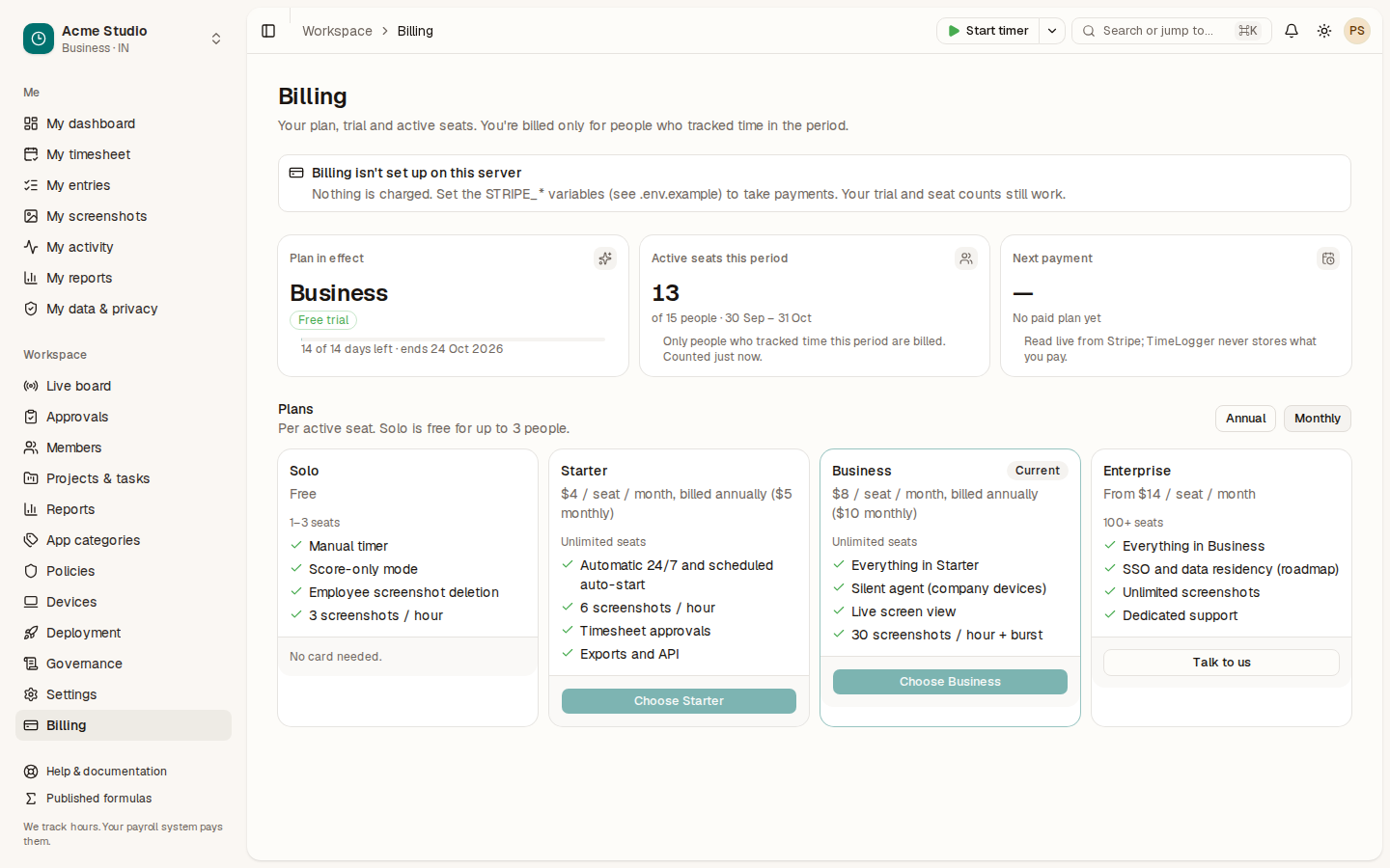The Billing page showing the plan in effect, trial days left, active seats and the plan cards
