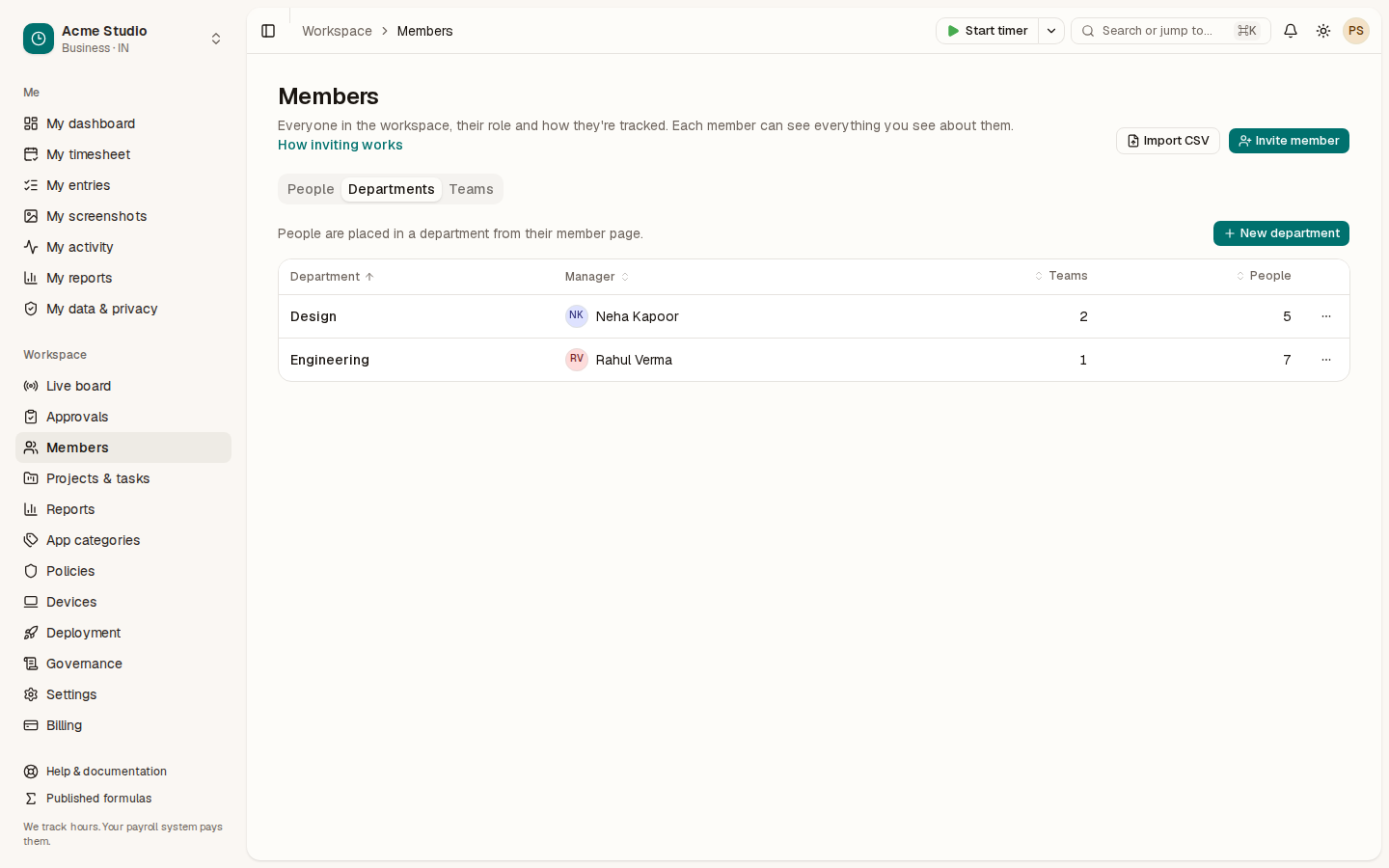 The Departments tab listing Design and Engineering with manager, teams and people counts