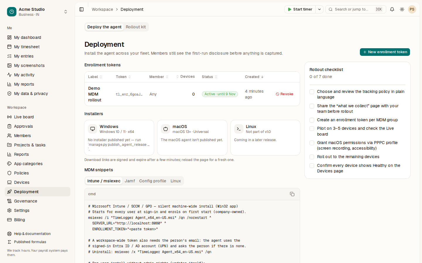 The Deployment page with enrollment tokens, installers, MDM snippets and the rollout checklist
