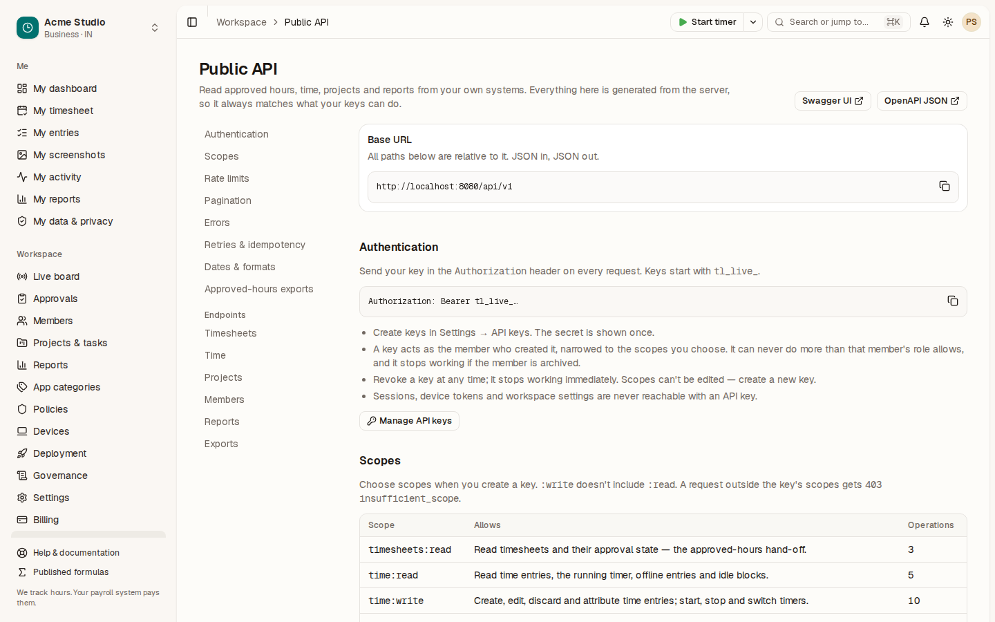 The in-app Public API reference with the section index, scope filter and an expanded endpoint