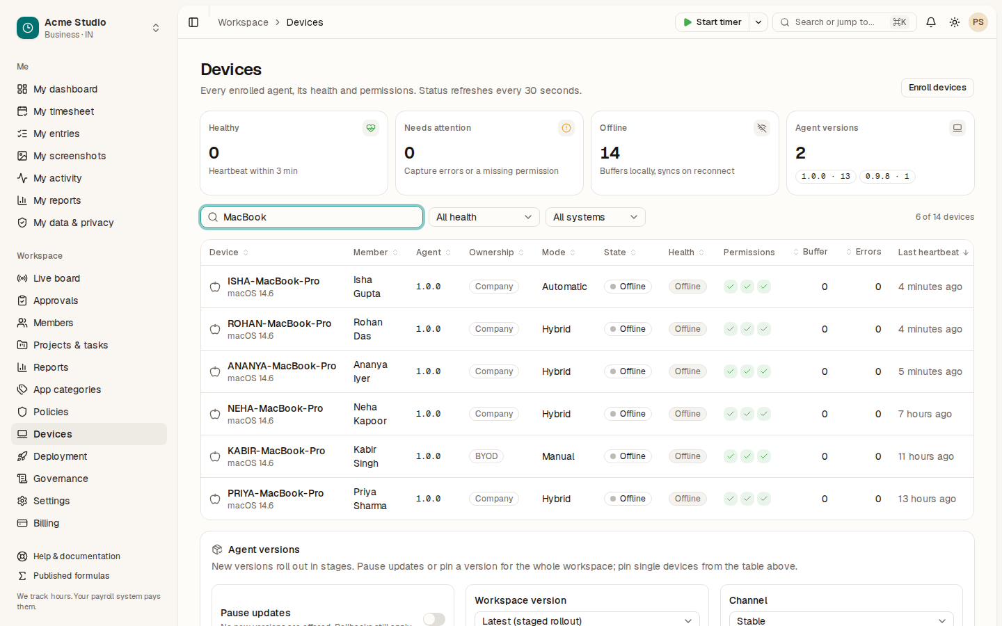 The Devices page listing agents with their member, version, health and last heartbeat