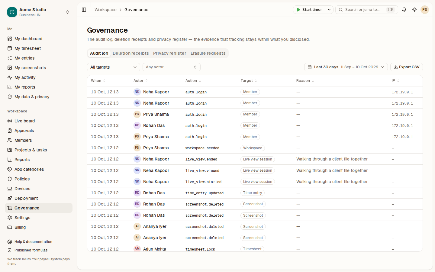 The Governance audit log listing recent actions with actor, target and time