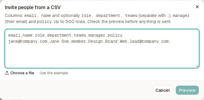 The Invite people from a CSV dialog with a text box for pasting rows
