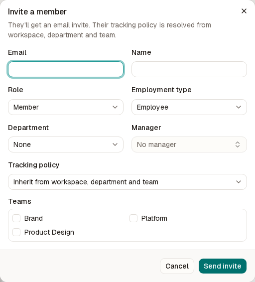 The Invite a member dialog with email, name, role, employment type, department, manager, policy and teams