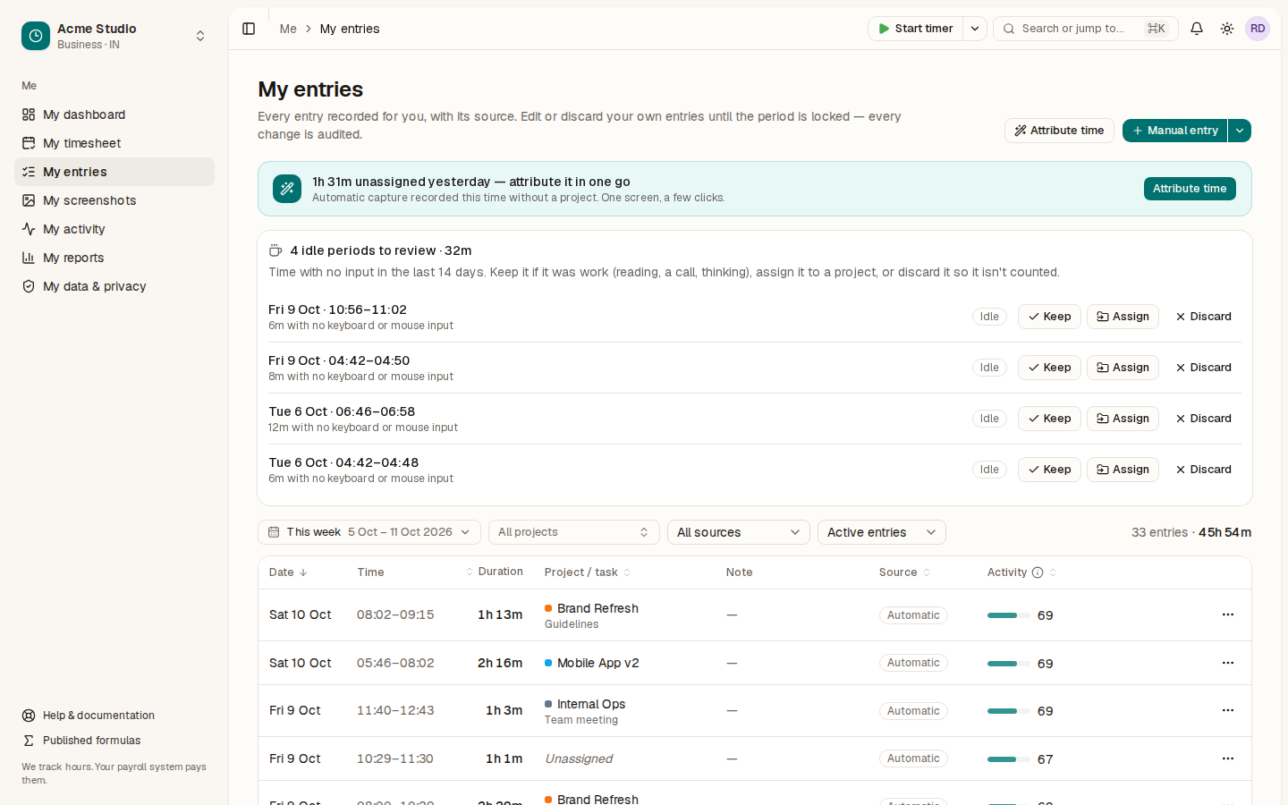 My entries with idle periods to review above a table of entries showing date, time, duration, project and source
