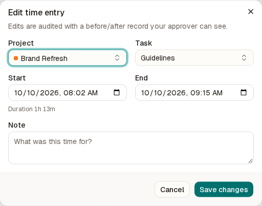 The Edit time entry dialog with project, task, start, end and note