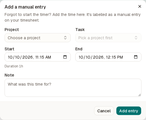 The Add a manual entry dialog with project, task, start, end and note