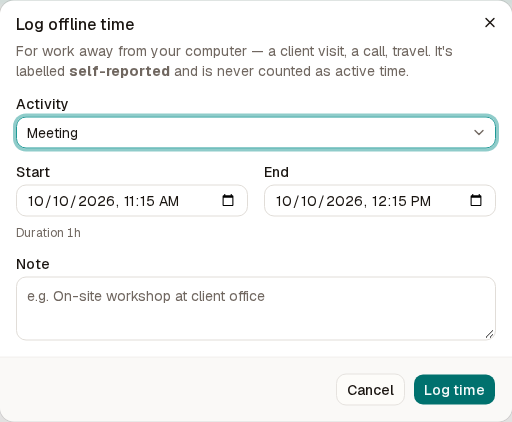 The Log offline time dialog with activity, start, end and note