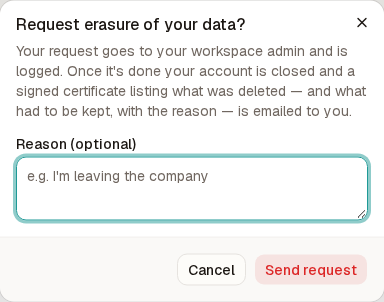 The Request erasure of your data? dialog with an optional reason and Send request