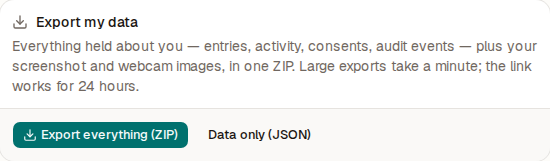 The Export my data card with Export everything (ZIP) and Data only (JSON)