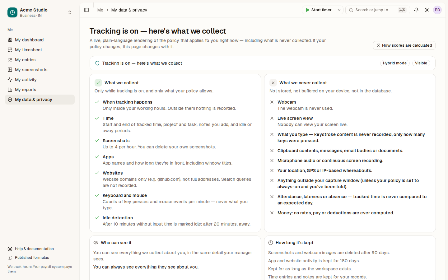 My data and privacy: What we collect, What we never collect, Who can see it and How long it’s kept