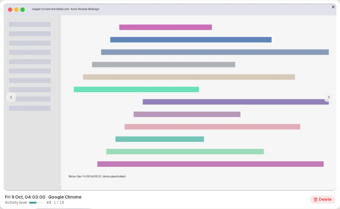 A screenshot open full size with its time, app, activity level and a Delete button
