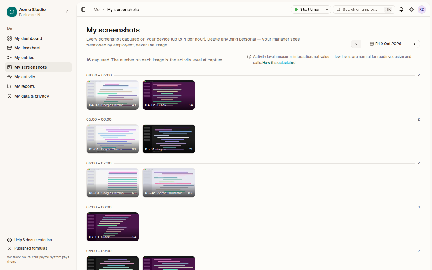 My screenshots for Saturday 26 September, grouped by hour, each thumbnail labelled with time, app and activity level