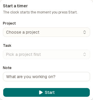 The Start a timer panel with Project, Task and Note fields and a Start button