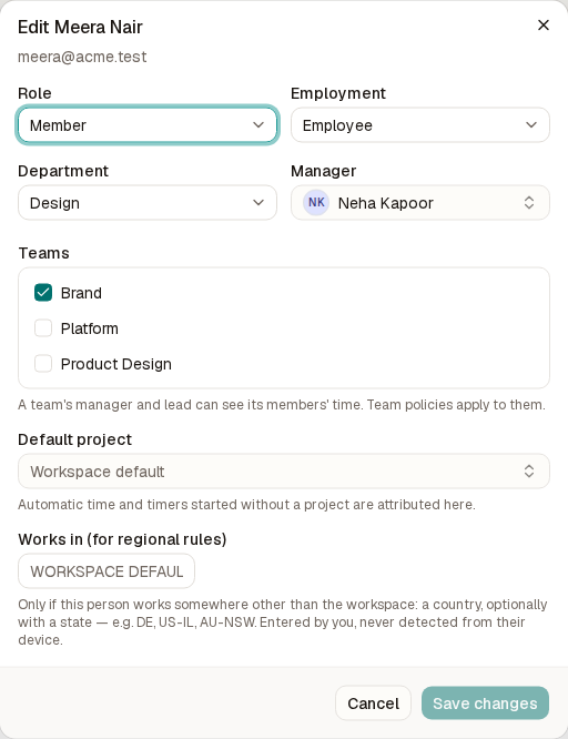 The Edit Meera Nair dialog with role, employment, department, manager, teams, default project and works in