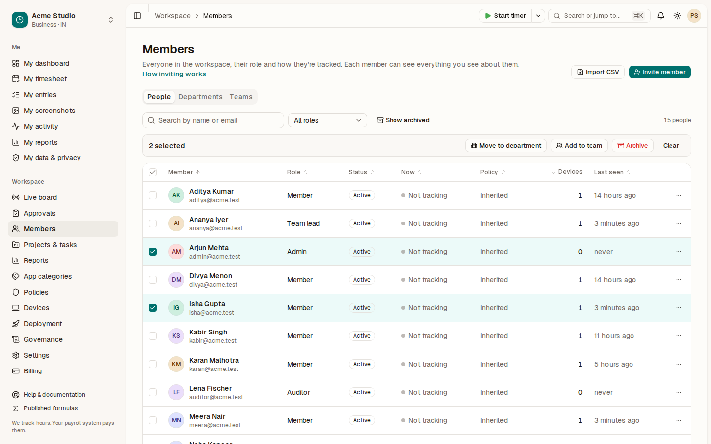 The Members list with two people selected and the bulk action bar