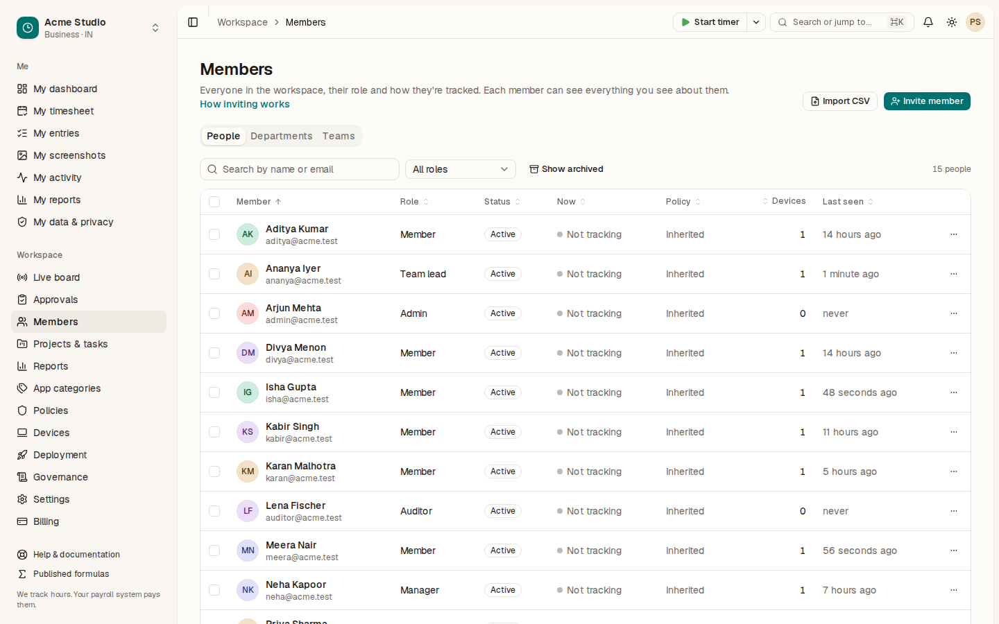 The Members page listing the Acme Studio team with roles and status