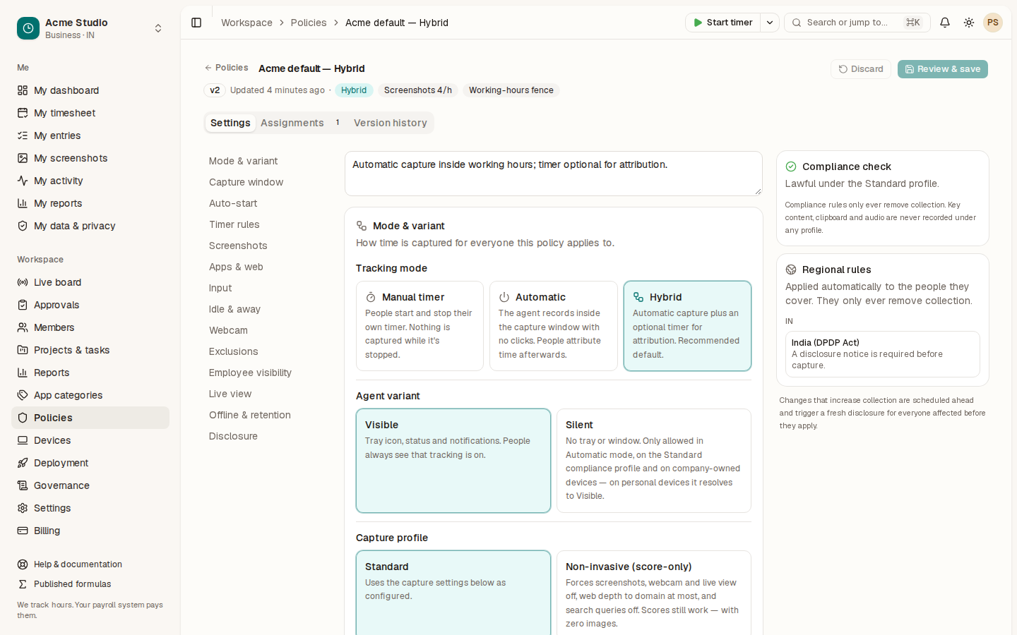 The policy editor with its sections on the left and the compliance check on the right