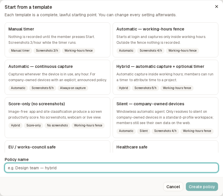 The Start from a template dialog listing the policy templates