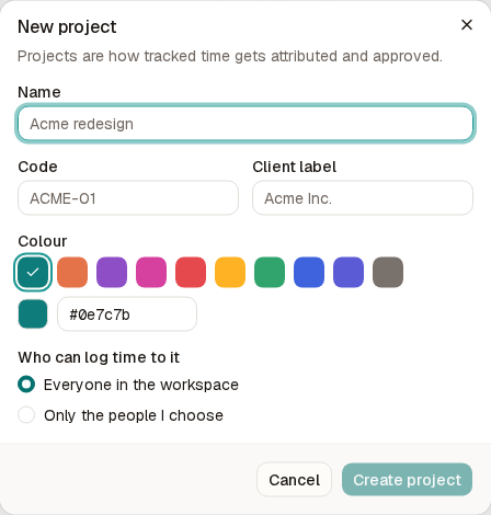 The New project dialog with name, code, client label, colour and who can log time