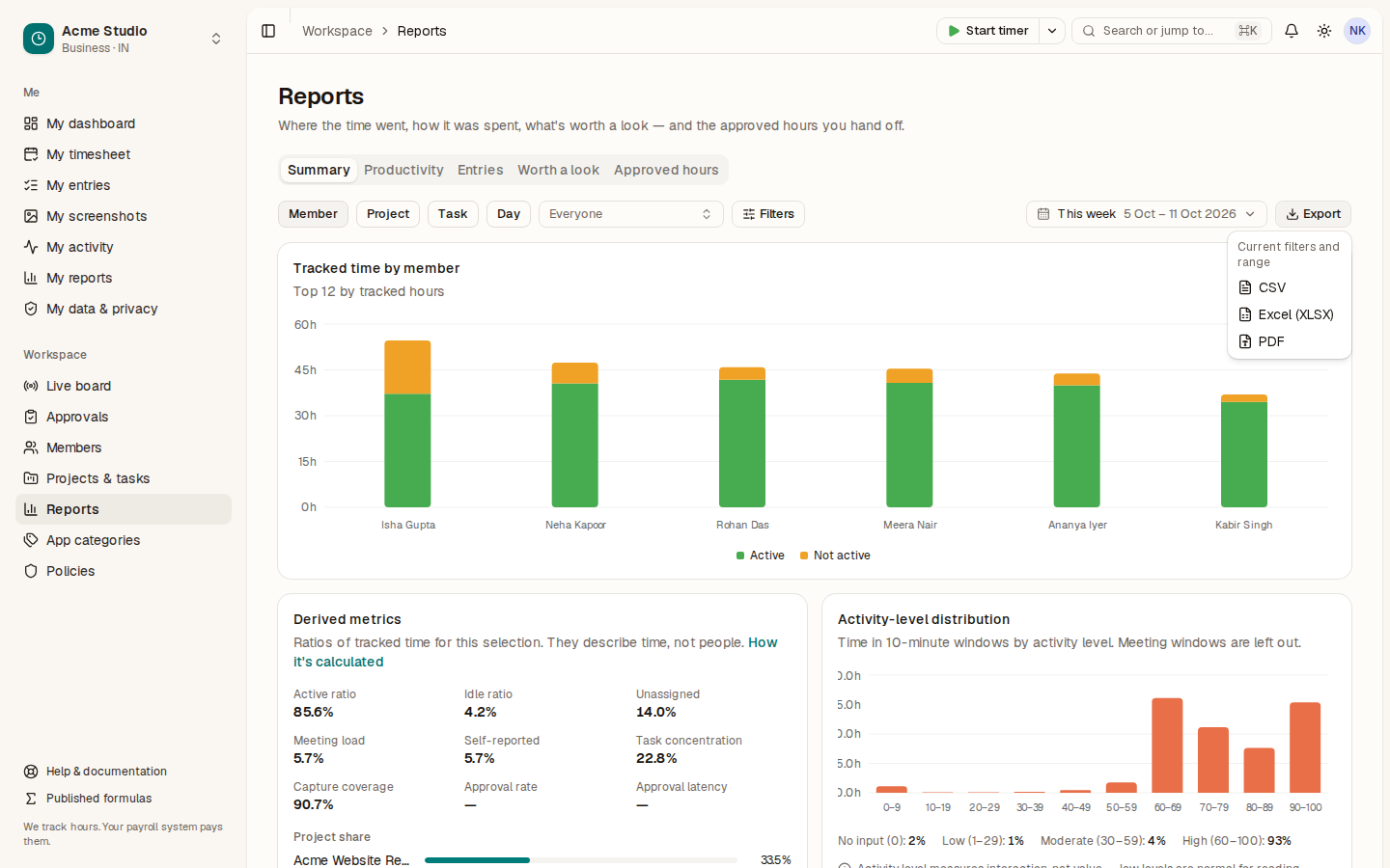 The Export menu open with CSV, Excel (XLSX) and PDF