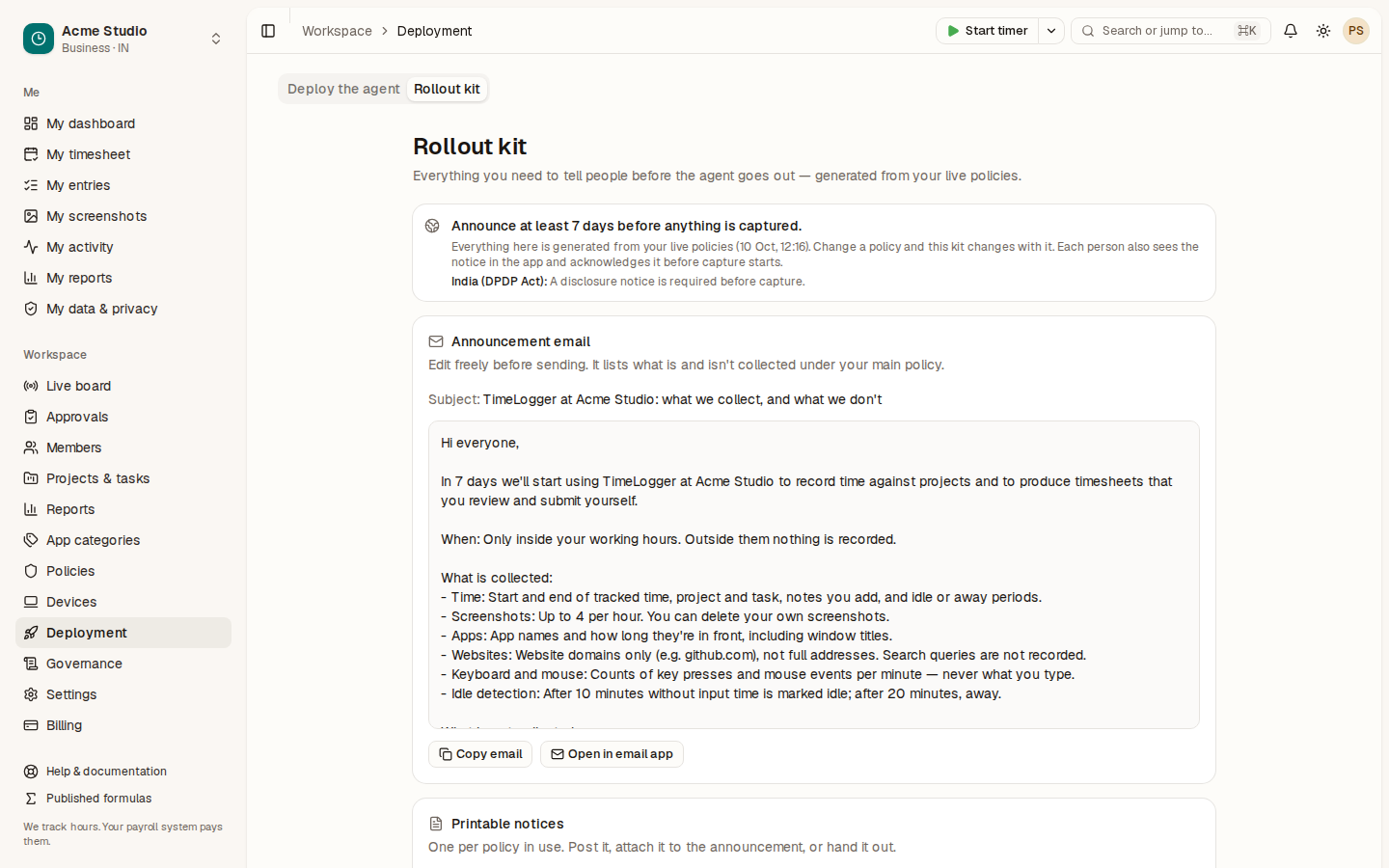 The Rollout kit tab with the announcement email, printable notices and employee FAQ