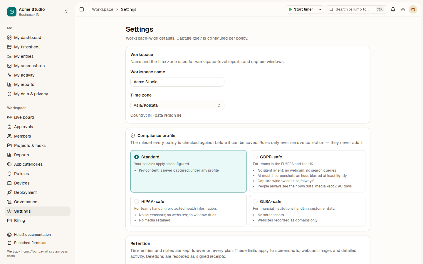 The Settings page with the Workspace, Compliance profile and Retention cards