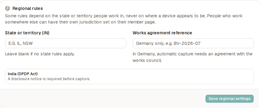 The Regional rules card with state or territory and works agreement fields