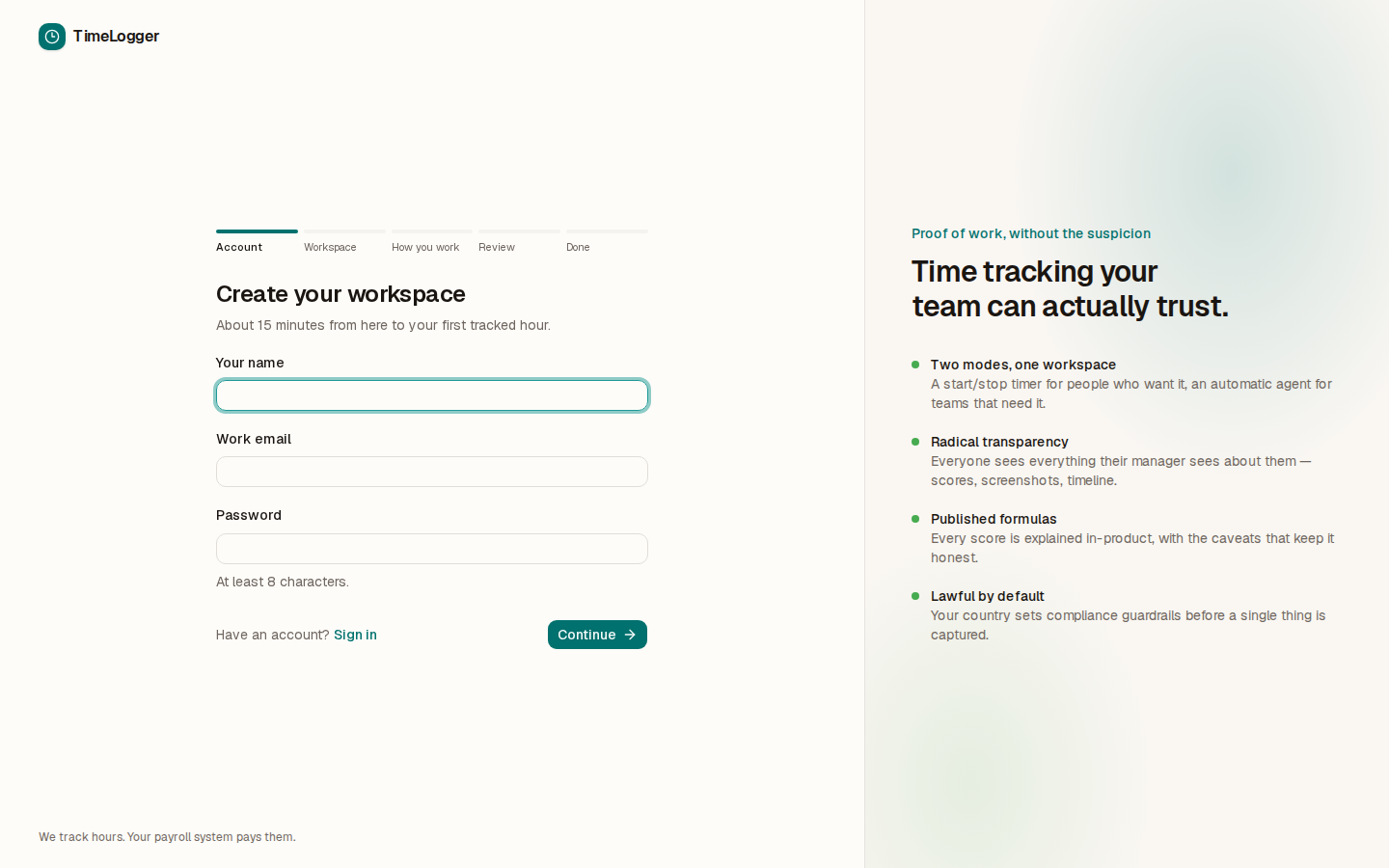 The first step of the sign-up form: your name, work email and password