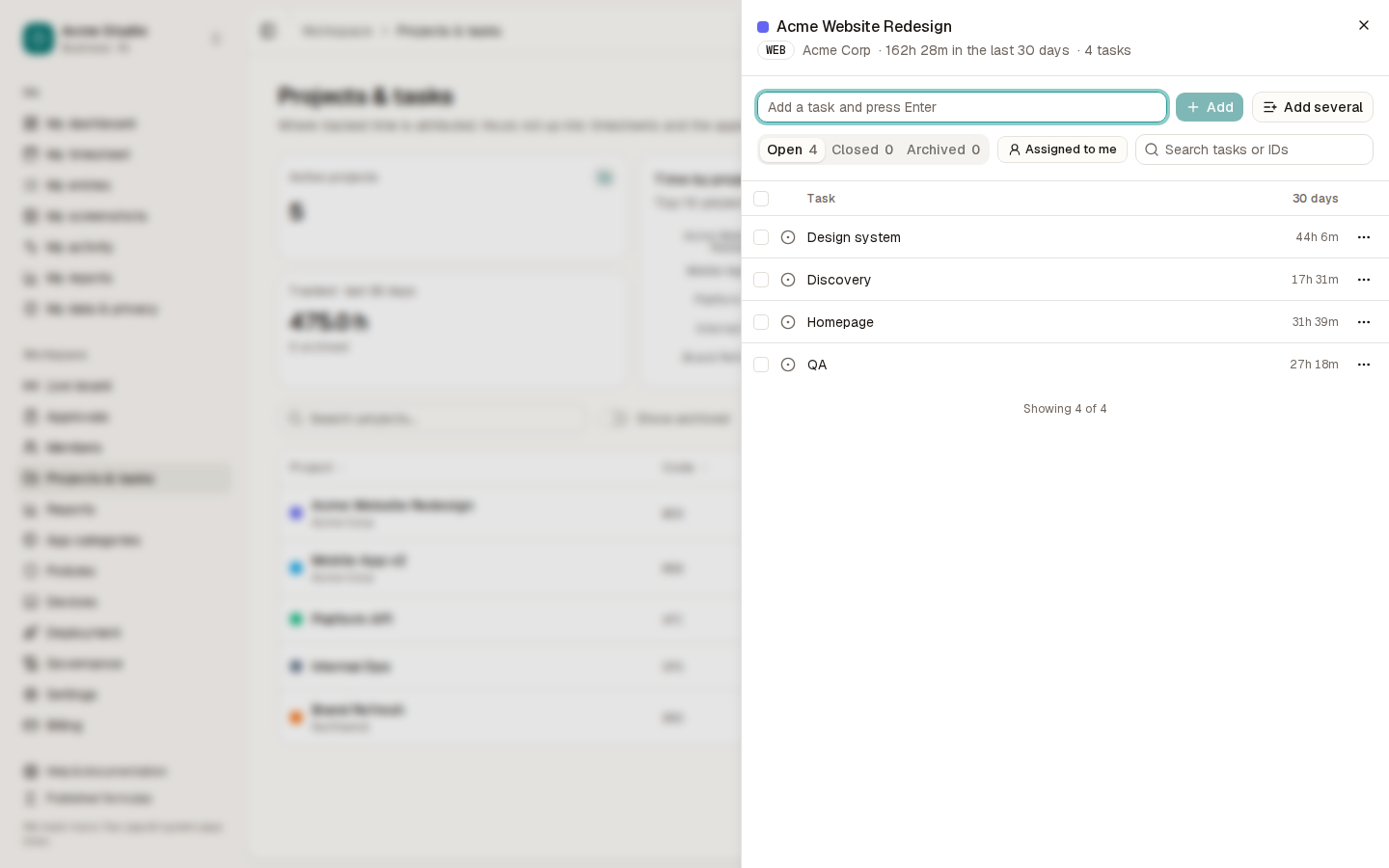 The tasks panel for Acme Website Redesign showing four open tasks with hours tracked in the last 30 days