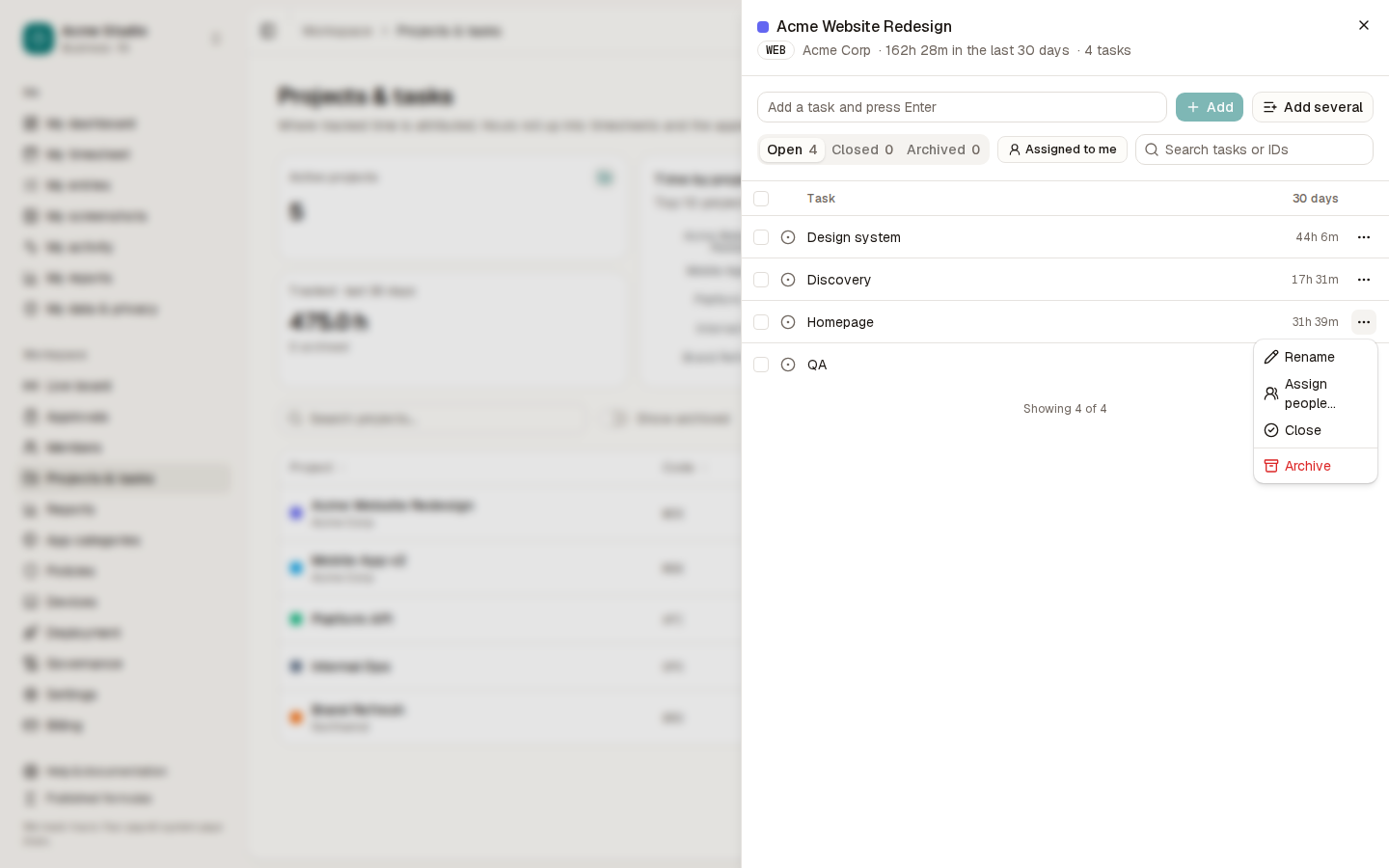 A task’s menu open with Rename, Assign people, Close and Archive