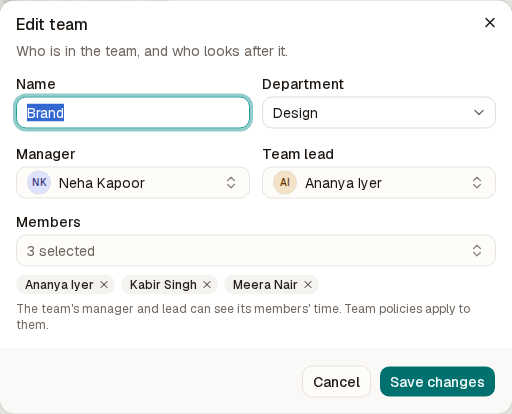The Edit team dialog for Brand with department Design, manager Neha Kapoor, lead Ananya Iyer and three members