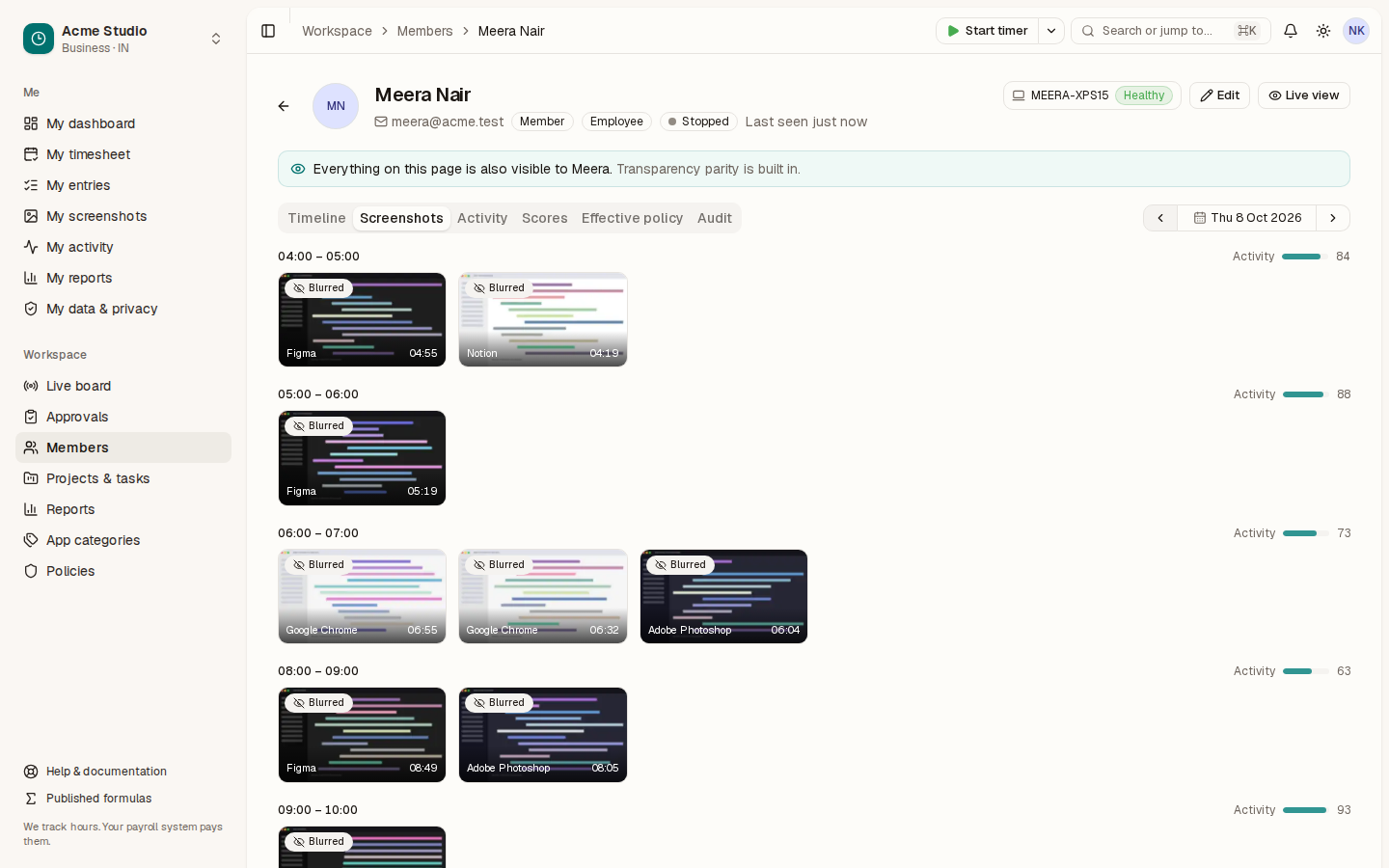 Meera Nair’s Screenshots tab for a recent workday, with blurred screenshots grouped by hour