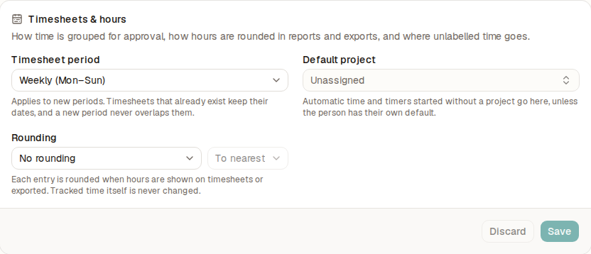 The Timesheets & hours card with timesheet period, default project and rounding